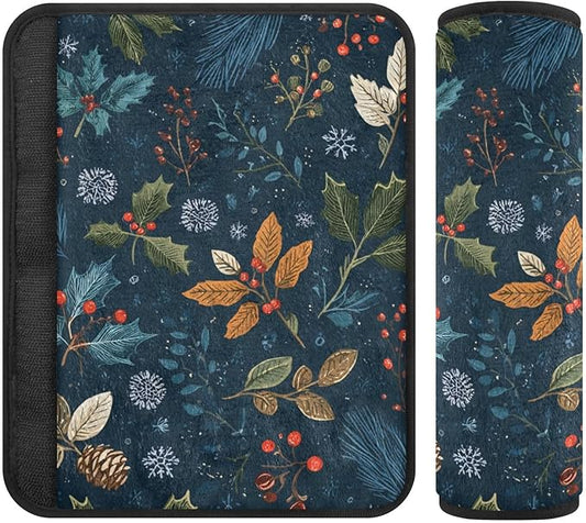 2 Pack Seatbelt Covers Seat Belt Cover Pad for Adults Boys Girls Car Seat Strap Covers Pads Cushion Universal Shoulder Strap Pad Protector for Backpack Camera Bag 10x7.7Inch Vintage Blue Holly Leaves