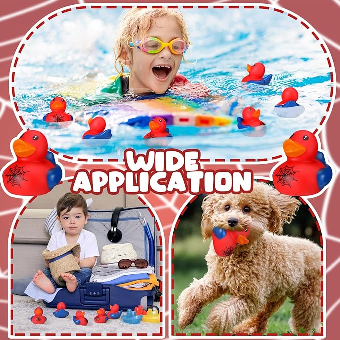 Leyndo 24 Pcs Spiderweb Rubber Duck Bulk Spiderweb Birthday Party Decoration Favors Squeaky Red Blue Duck for Bathtub Floating Pool Gifts Party Supplies