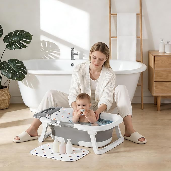 Baby Bathtub,Foldable Baby Bath Tub for Newborn to Toddler (0-18 Months) – Collapsible Infant Tub for Travel with Thermometer, Soft Cushion,Grey