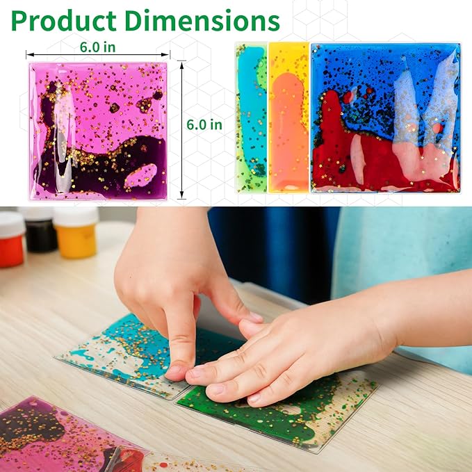 LONGKING 4-Pack 6"x 6" Liquid Tiles for Kids, Soft Gel Liquid Sensory Toys for Autistic Children, Sensory Mats, Sensory Toys for Toddlers 3-4