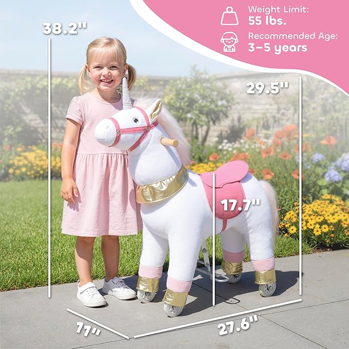 Qaba Ride on Horse for Kids 3-5 Years, 29.5 Inch Height Plush Riding Unicorn, Walking Horse Animal with Rolling Wheels for Active Play, No Batteries Required, White