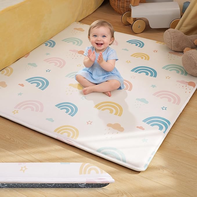 Premium Soft 1.5" Thick Baby Play Mat, Large 50" x 50" Memory Foam Floor Mat for Crawling, Non Slip Safe Babies & Toddlers Activity Mat for Nursery/Playroom (Rainbow Macaron)