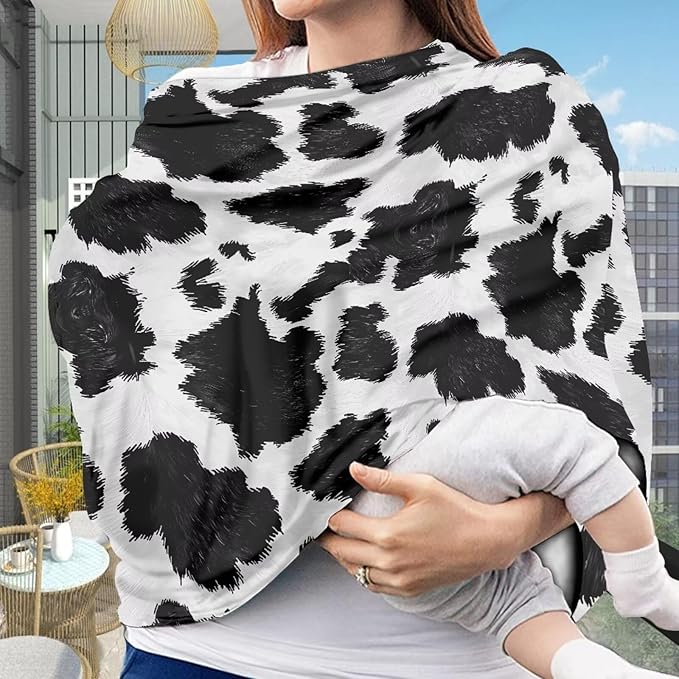 Black Cow Print Infant Carseat Cover Stylish Multi-Purpose Nursing Cover Breastfeeding Scarf Baby Shower Gifts