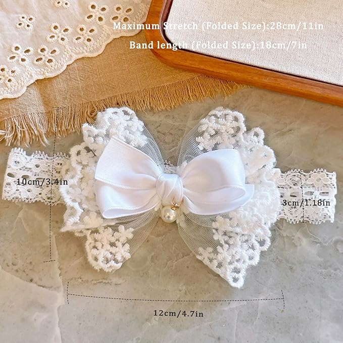 Baby Girls Headband White Bow Lace Headbands Soft Elastic Bowknot Hairbands Cute Hair Accessory for Newborn Kids Infant Toddler Baptism Birthday Party (Lace Pearl)