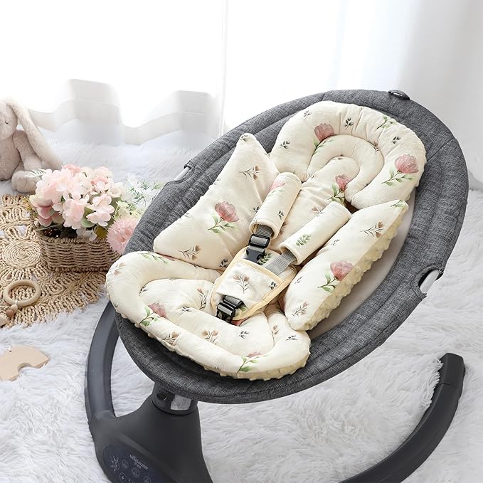 SWESEN Infant Car Seat Insert with 3 Strap Covers Set, Car Seat Head Support Baby for Girls, Soft 3 in 1 Baby Car Seat Cushion for Strollers, Bouncers, Swing, Simple Floral