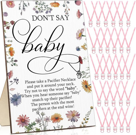 Geetery 51 Pcs Don't Say Baby Game Sign Cool Baby Shower Game 50 Pacifier Necklace Wooden Don't Say Sign Plastic Pacifier Party Favor for Gender Reveal(Wildflower,Pink)