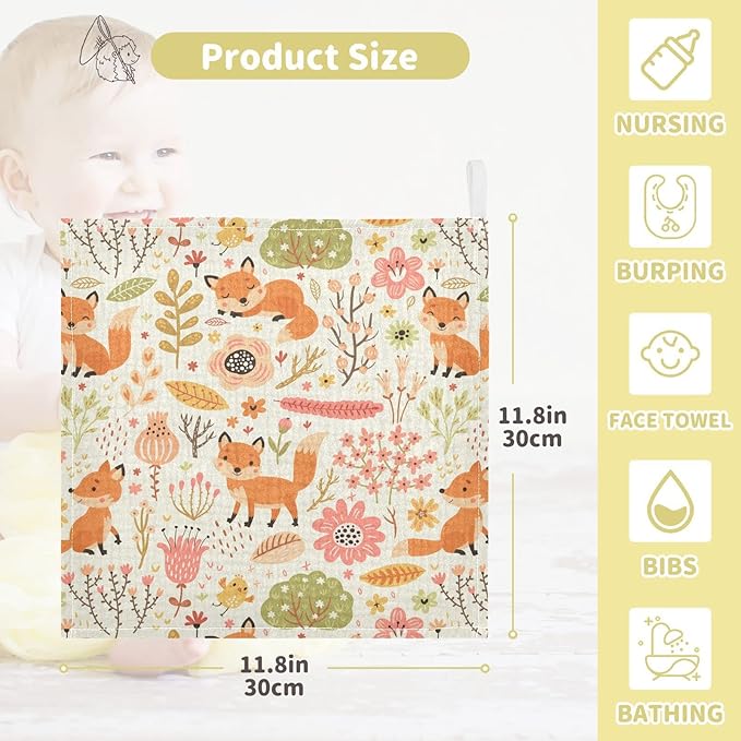 vvfelixl Baby Washcloths Cotton Foxes and Flowers Flesh Colored Baby Muslin Washcloths Soft Baby Face Towel for Newborn Infants Baby Wipes, 11.8 X 11.8 Inch, 3 Pack