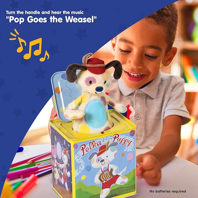 Schylling Polka Puppy Jack in the Box - Classic Children's Musical Toy that Dances - Colorful Embossed Tin Box and Lovable Puppy Plush - Age 18 months and Up
