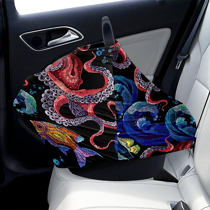 Baby Car Seat Stroller Covers Ocean Octopus Waves Fish Nursing Cover Breastfeeding Scarf Soft Breathable Stretchy Infant Car Canopy Coverage Carseat Cover for Boys and Girls Multi Use