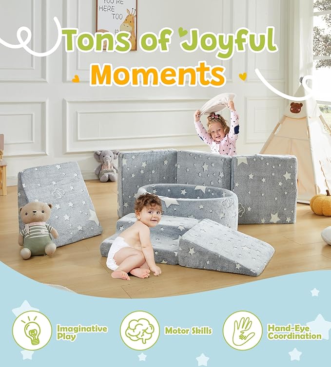 Elftopia Foam Climbing Blocks with Ball Pit & Stairs for Toddlers Aged 1-3 -Soft Playset for Indoor Crawling, Foam Playground Set for Baby to Active Playing Inside -(Balls NOT Included),Stars