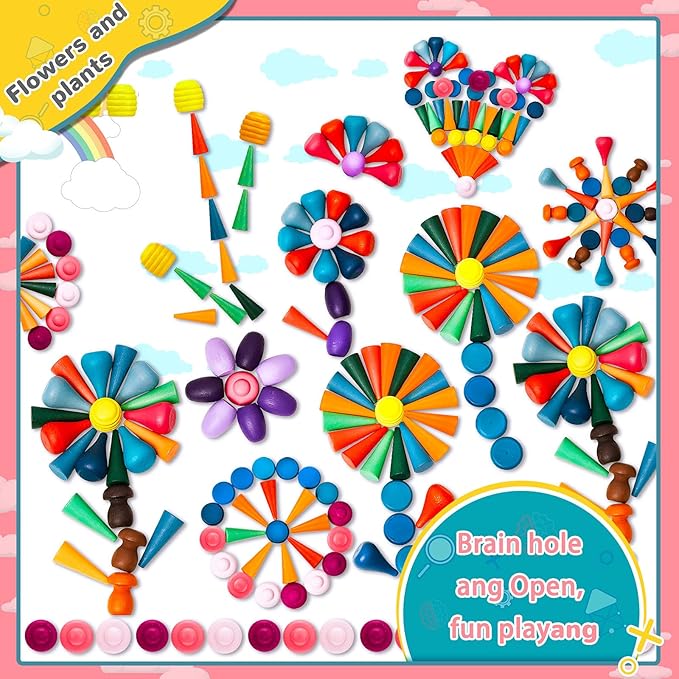 Chivao Loose Parts Play Materials Set Wooden Mandala Toys Kit Wood Sensory Play Toys 27 Rainbow Color 7 Shapes Loose Parts for Teens Students Early Learning Materials (162)