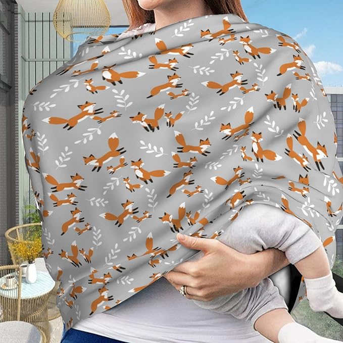 Cute Foxes Leaves Gray Baby Car Seat Covers Carseat Canopy Soft Infant Stroller Cover Nursing Breastfeeding Covers for Girls Boys Newborn