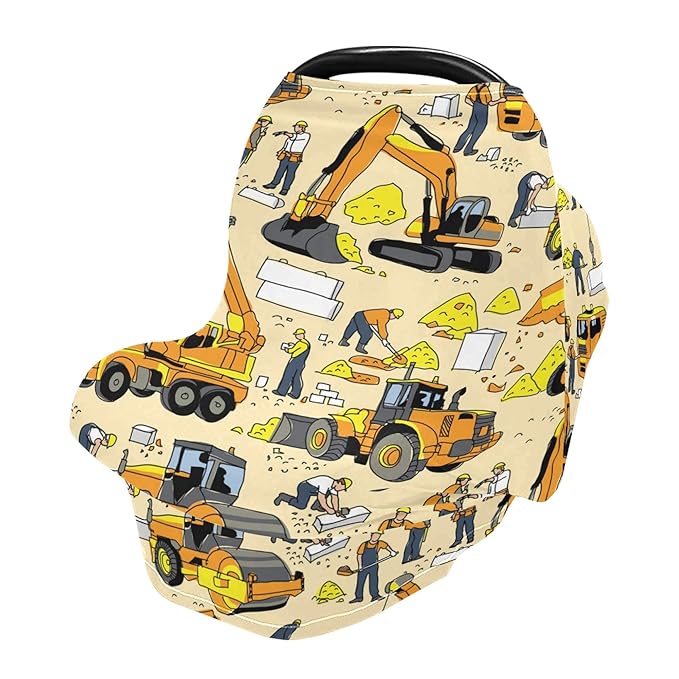 Construction Car Building People Pattern Stretchy Baby Car Seat Cover Infant Canopy Nursing Covers Breastfeeding Cover Breathable Windproof Winter Scarf for Boys Girls