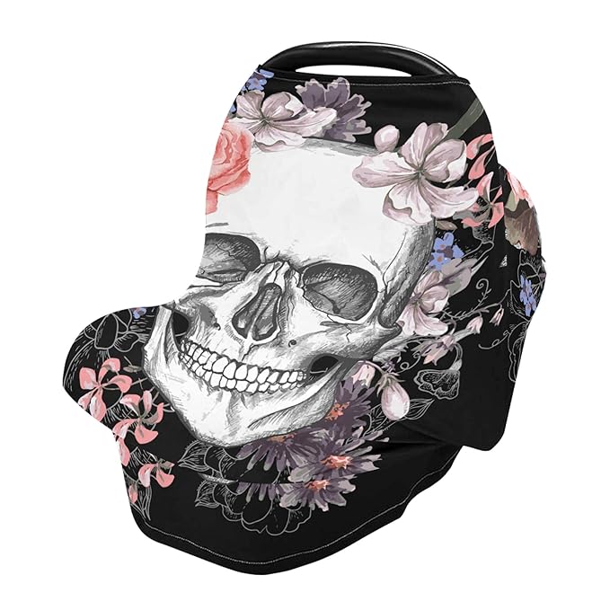 Vintage Day of The Dead Skull in Pink Floral Flower Stretchy Baby Car Seat Cover Infant Canopy Nursing Covers Breastfeeding Cover Breathable Windproof Winter Scarf for Boys Girls