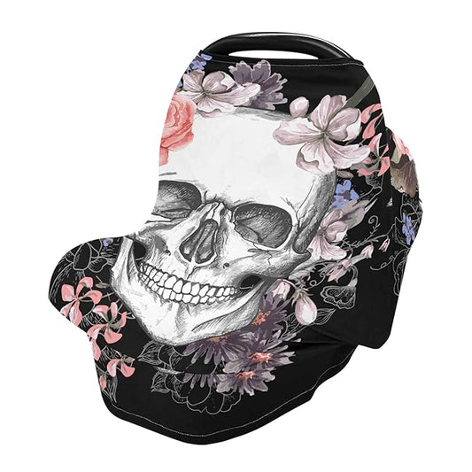 Vintage Day of The Dead Skull in Pink Floral Flower Stretchy Baby Car Seat Cover Infant Canopy Nursing Covers Breastfeeding Cover Breathable Windproof Winter Scarf for Boys Girls