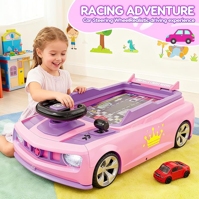 Musical Steering Wheel Racing Car Toy, Racing Adventure Car Steering Wheel for Toddler Kids, Toddler Simulated Driving Game Cars with Sound and Light, Xmas Birthday Gifts for Kids Ages 3+ (Pink)