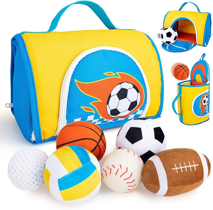 teytoy My First Sports Bag for Baby,Stuffed Plush Playset with Soft Basketball,Baseball,Football,Soccer,Golf Ball,Volleyball Baby Birthday Gift Toys for 1 Year Old Boys Girls