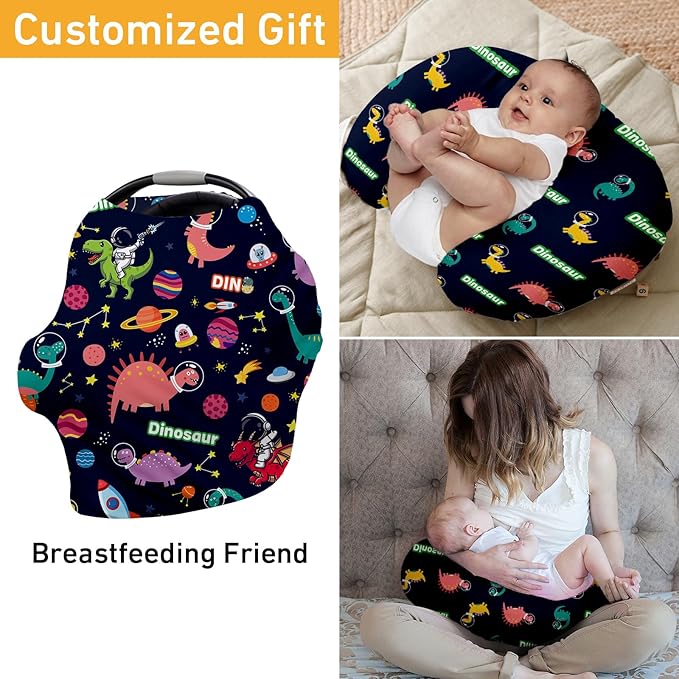 Personalised Car Seat Cover for Girls and Boys - 7 in 1 Deep Blue Dinosaur Print Multipurpose Breast Feeding Cover, Nursing Cover, Grocery Cart Cover - Birthday Gift for Babies(27"x29")