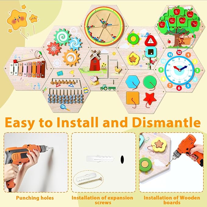 9Pcs Hexagon Activity Wall Busy Board Panels, Wooden Sensory Wall Panel for Kids, Montessori Learning Activity Center, Educational Toys for Toddler Playroom Daycare Nursery Classroom Birthday Gifts