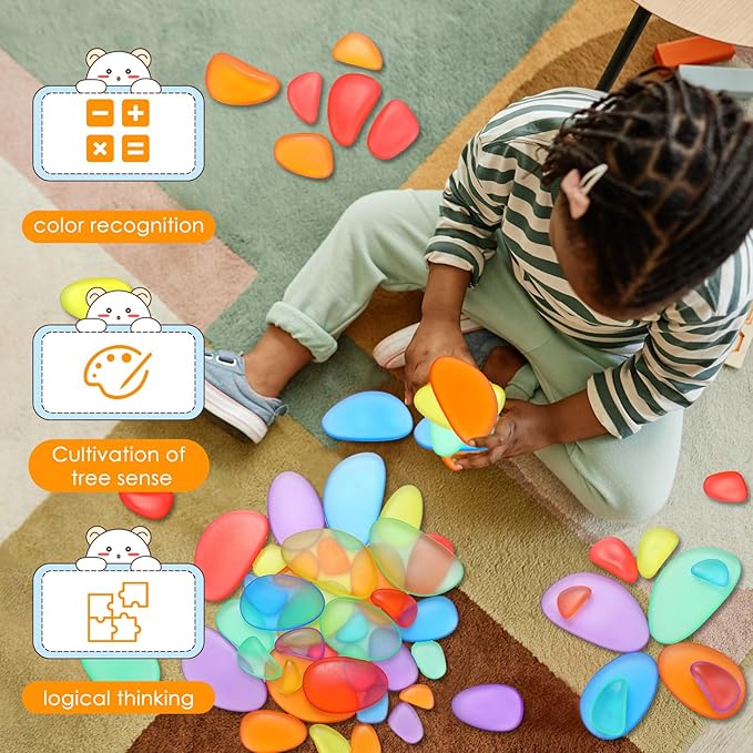 Simgoing 144 Pcs Rainbow Stacking Stones Colorful Pebbles Sorting and Stacking Stones Light Table Accessories Manipulatives Educational Toys for Preschool Kindergarten Montessori Toys, 6 Colors