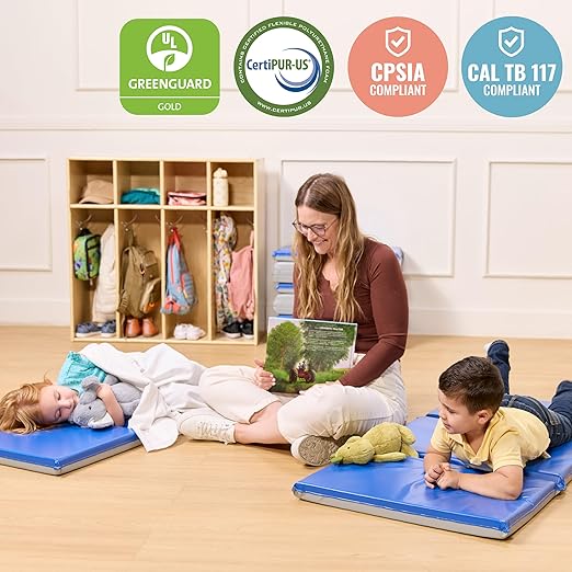 ECR4Kids-ELR-0883 Everyday 3-Fold Daycare Rest Mat, Folding Rest Mat, Sanitary Design, Low Maintenance, Certified and Safe, No Assembly Required, 2" Thick, Single Mat, Blue/Grey