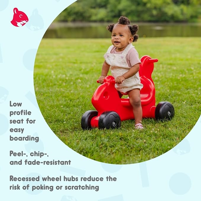 Careplay 2-in-1 Squirrel Push & Ride-on Toy, Indoor & Outdoor Use, Low Profile Seat, Recommended for Children up to 50lbs, Durable Construction, Made in The USA, Red