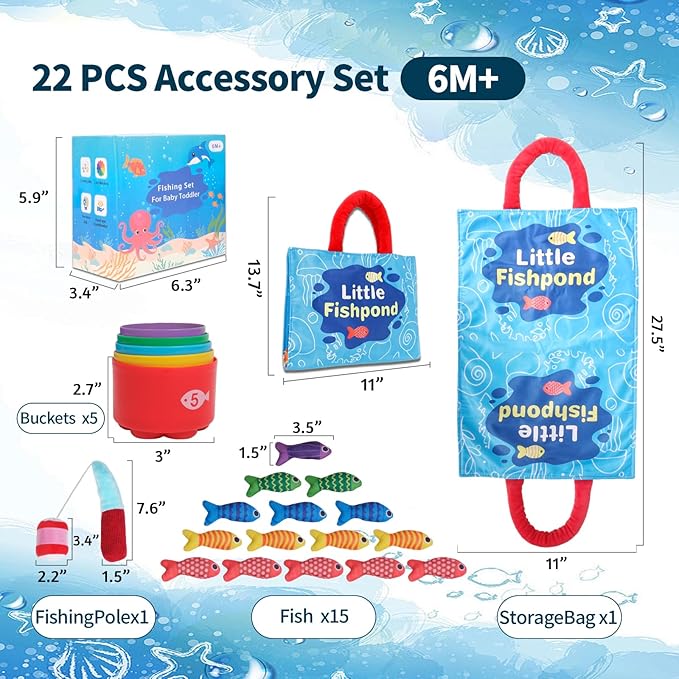 TenFans Montessori Fishing Toy for Babies 6-18 Months, Soft Cloth Ocean Sensory Toy with Stacking Cups & Color Sorting, Early Learning Toy, First Birthday Gift for Boys Girls