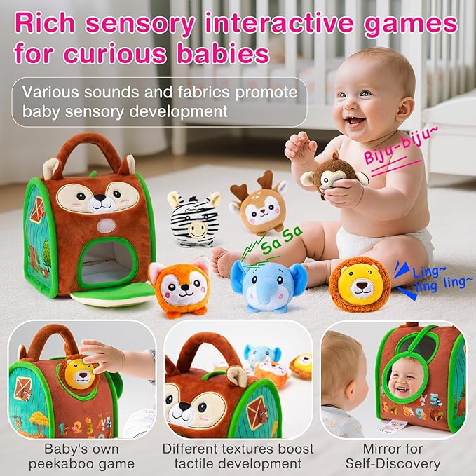 Baby Toys - Soft Squirrel Barn with 6 Sensory Stuffed Animals - Rattles, Crinkle, Mirror, Montessori Toys Ball for 6-12 Months & 0-3 year Toddler Boy Girl Birthday Gift Travel & Fidget Toy