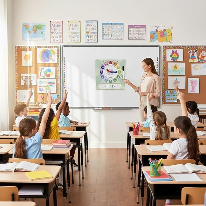 Kids Teaching Clock with Moveable Arms, Dry Erase Surface, Magnetic Hanging Strips, Educational Learning Tool for Time-Telling Skills. Perfect for Classrooms and Homes