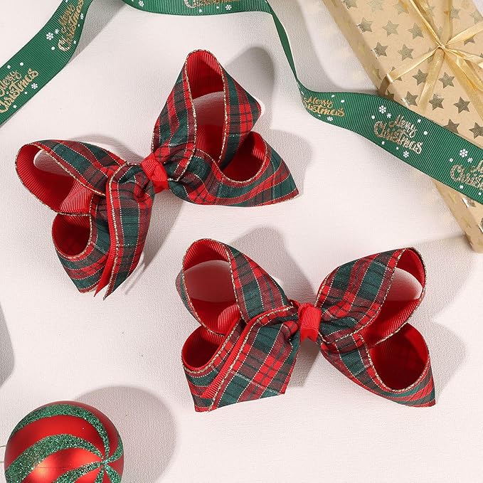 Oaoleer 2PCS Christmas Hair Bows for Girls, Red Plaid Bows Hair Alligator Clips Hair Barrettes for Baby Girls Infants Toddlers Kids Teens Children