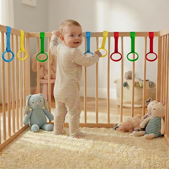 8Pcs Baby Playpen Pull up Rings, Premium Baby Pull up Rings for Play Pen Standing up, Plastic Safety Walking Exercises Assistant Rings for Infants Babies Toddler, 4 Colors.