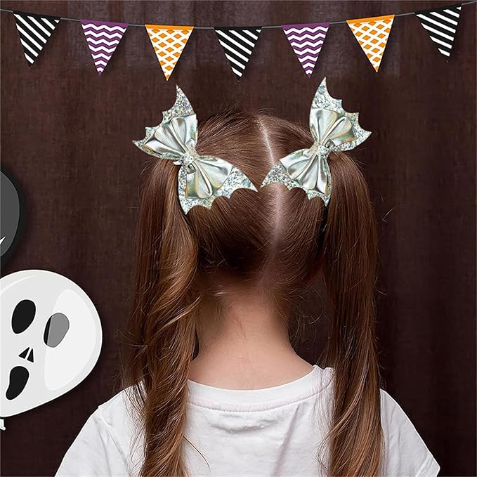 Gold Hair Clips, Halloween Bat Wing Hair Bows for Girls Glitter Faux Leather Hair Clips, Cute Halloween Hair Accessories.(FJ78-Gold R)