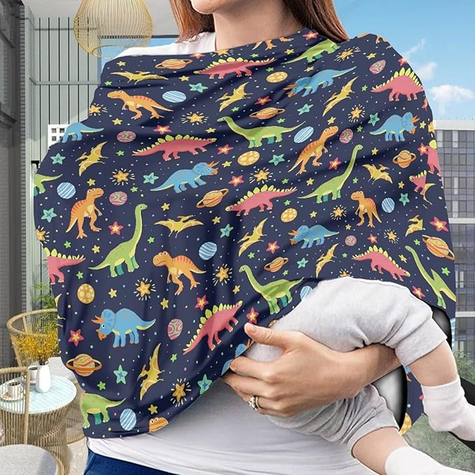 GIFTPUZZ Dinosaur Stretchy Car Seat Cover for Babies, Nursing Cover Breastfeeding Cover, Soft Breathable Infant Carseat Canopy Sunshade, Shopping Cart/High Chair/Stroller Covers