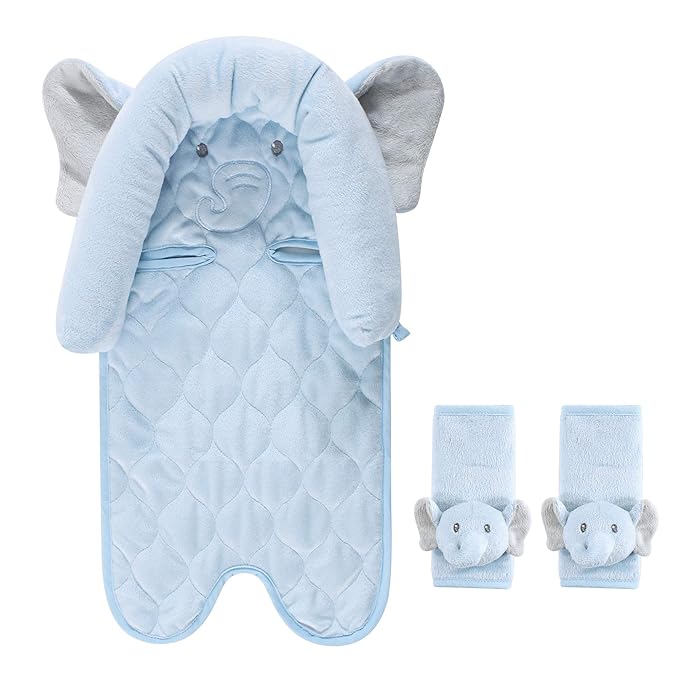 Hudson Baby Unisex Baby Car Seat Insert and Strap Covers, Blue Elephant, One Size