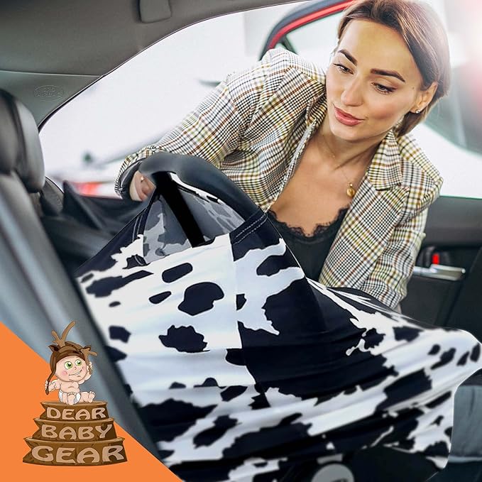 Dear Baby Gear Car Seat Cover for Boys & Girls - Baby Carseat Canopy w/Snap Opening - Infant Seat Cover - Stroller & Nursing Covers - Newborn Carrier Canopy- 28x27x0.25" (Holstein Cow Stretch Fit)