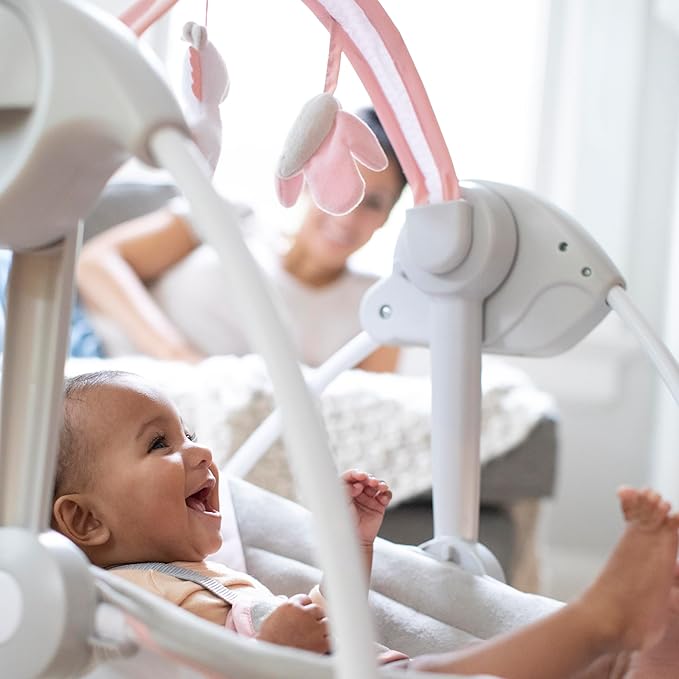 Ingenuity Comfort 2 Go Compact Portable 6-Speed Cushioned Baby Swing with Music, Folds Easy, 0-9 Months 6-20 lbs (Pink Flora the Unicorn)
