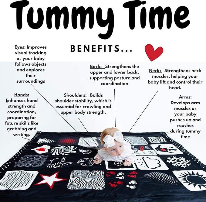 Baby Tummy Time Mat – High Contrast Black White Red Sensory Play Blanket for Newborn Visual Development, Infant Floor Play Area with Sherpa Backing, 50” x 60”