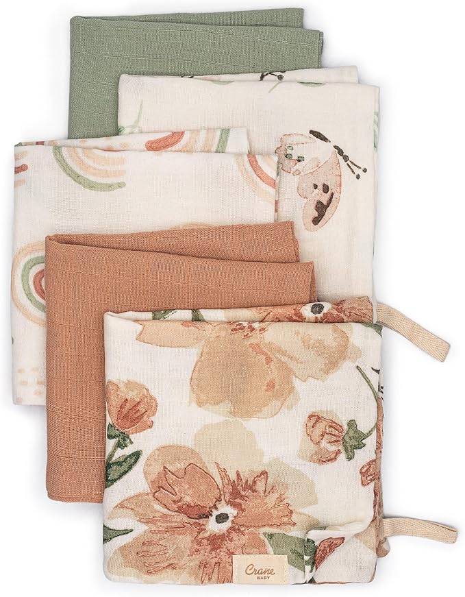 Crane Baby Wash Cloth Set, 100% Cotton, Set of 5 Baby Washcloths, Pink Floral Theme, Newborn Muslin Washcloths, Newborn Baby Gift, Baby Registry Gift