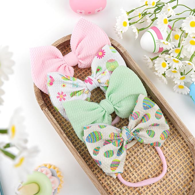 Easter Girls Headbands Bows for Toddler Girls Easter Bunny Ears Hair Bow Baby Girl Headbands with Bows Rabbit Egg Infant Easter Gifts 4 pcs