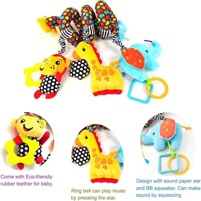 WILLWAY Car Seat Toys, Stroller Toy Baby Spiral Hanging Toys for Sensory Exploration, 0-12 Months Newborn Toys for Car Seat Stroller Crib Bassinet Mobile with Music Box BB Squeaker Rattles