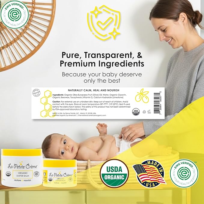 La Petite Creme French Organic Diaper Balm (4 oz) - Healing & Nourishing Diaper Cream - Gentle & Safe Liniment Baby Lotion - USDA Certified Organic - Baby Essentials for Newborn