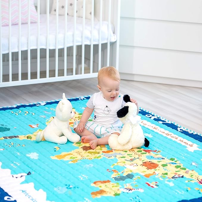 Moiré World Animal Map Learning Baby Play Mat Extra Large 76 in. x 58 Padded Crawling Carpet for Babies
