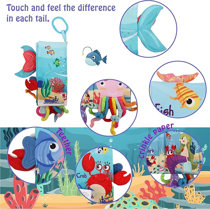 bebe mondo Fish Crinkle Baby Books 0-6 Months, Newborn Infant Tummy Time Toy High Contrast Sensory Baby Toys 6 to 12 Months Touch Feel Books, Shower for Boy Girl 1 Year Old, Shark