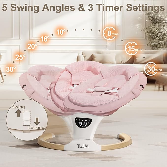 Baby Swings for Infants, Portable Infant Swing with 5-Speeds, 3-Adjustable Height, 3 Timer & 12 Lullabies, Mutil-Function Electric Swing for Baby, Indoor & Outdoor Use (Pink)