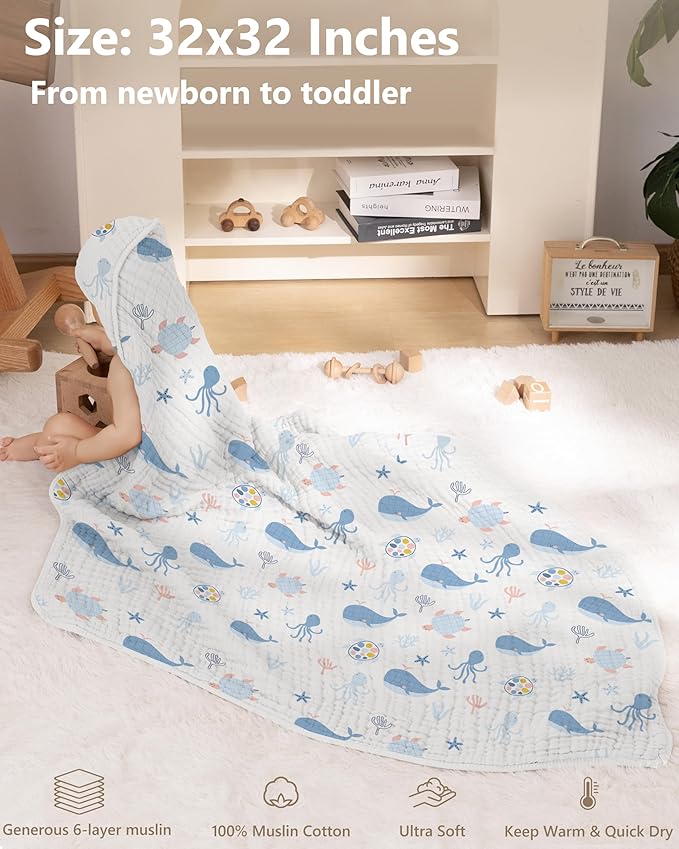 Baby Bath Towels, 100% Muslin Cotton Hooded Baby Towels for Newborn, 2 Pack Baby Towels with Hood for Infant Toddler and Kids, Large 32x32Inch Unisex Bath Essentials, Soft and Absorbent