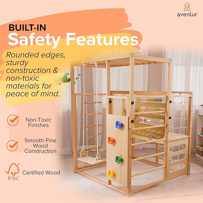 Avenlur Montessori Gym Alpine Wooden Jungle Gym with Indoor Swing, Toddler & Baby Climbing Toys, Rock Wall Perfect for Active Fun & Skill Development, Ages 2-8