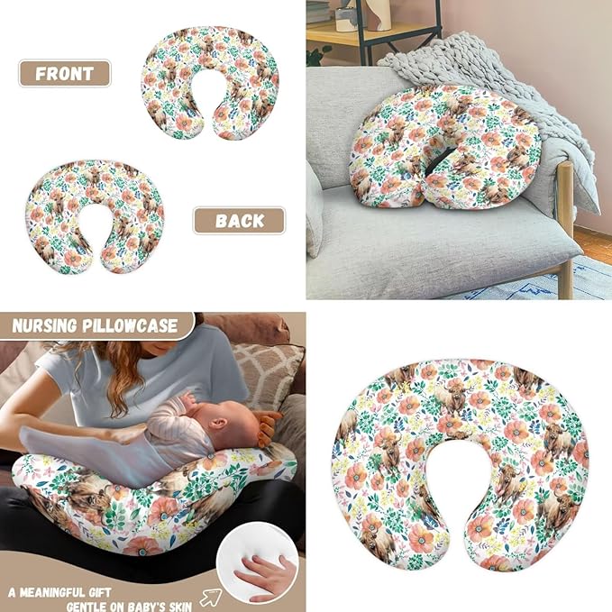 Highland Cattle Carseat Canopy for Babies Flowers Infant Stroller Covers for Boys and Girls Elegant Nursing Pillow Cover Cuddle Pillow Slipcover 2PCS