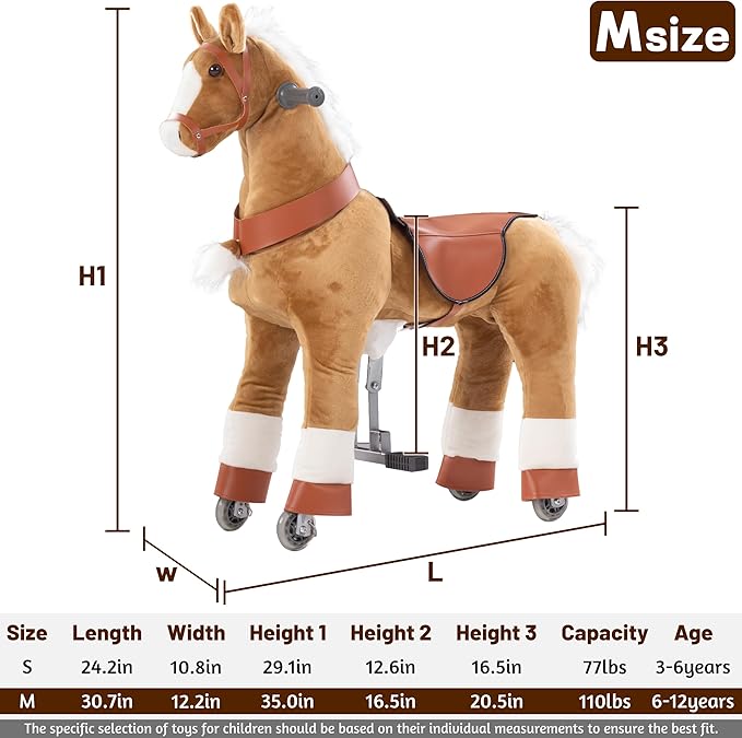 Ride on Horse Toys, Kids Riding Horse Toys Ride on Toys for 4-9 Years Old, Premium Plush Animals Toys Walking Horse with Wheels (Brown, 33.46" L x 11.81" W x 35.83" H)