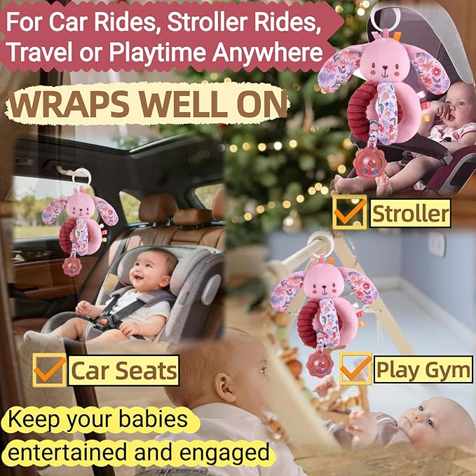 Baby Stroller Hanging Car Seat Toys for Infants 0-6 Months Girl 0-2-3-4-5-7-8-9-10 6-12 Month Old Newborn Gifts, Carseat Pink Plush Bunny Toy for Babies Play Gym Rattle Easter Basket Stuffers