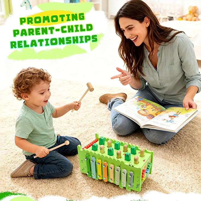 Wooden Activity Cube Montessori Toys for 12+ Months Baby Boys Girls | Hammering Pounding Toys with Abacus, Educational Toddler Activities Toys with Xylophone (Crocodile)